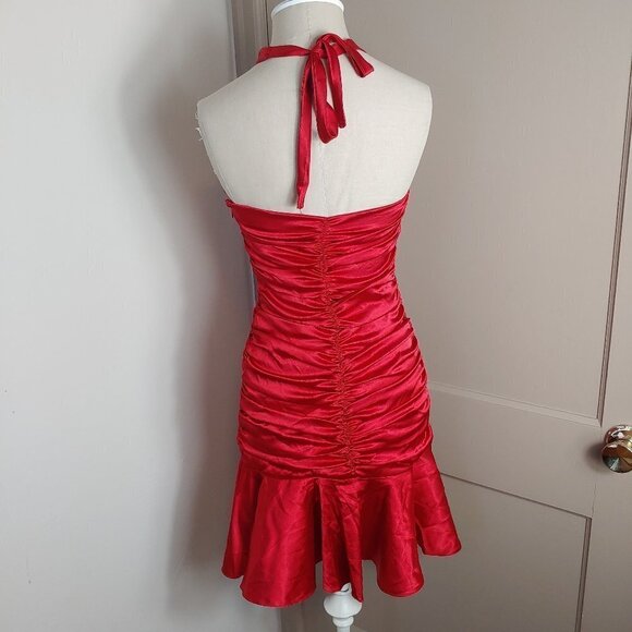 Vintage Jessica McClintock Dress Halter Satin Strapless Ruched Faux Diamonds 80s - Picture 3 of 7